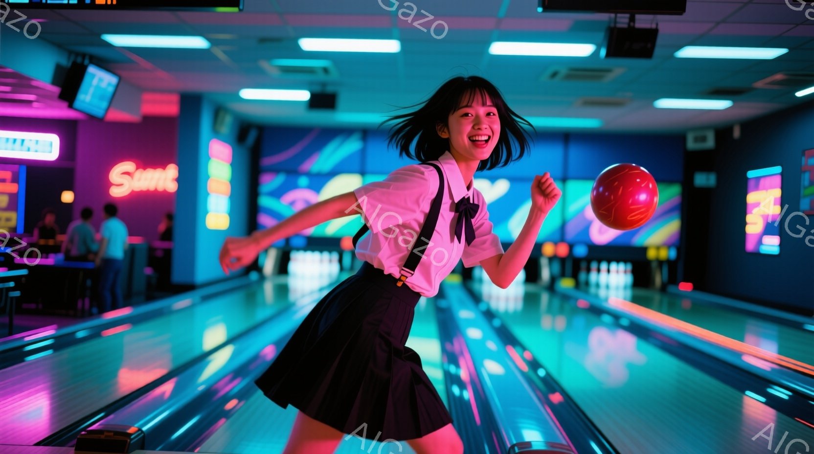 ボウリング場を疾走する若い女性が写っています。彼女は白いシャツにネクタイとプリーツスカート、そしてサスペンダーを着用しており、髪は肩までの長さで少しカールしています。彼女は顔を上げて笑顔で、ボウリングボールを振りかぶるポーズをとっており、背景には鮮やかなネオンライトとボウリングのレーンが広がっています。