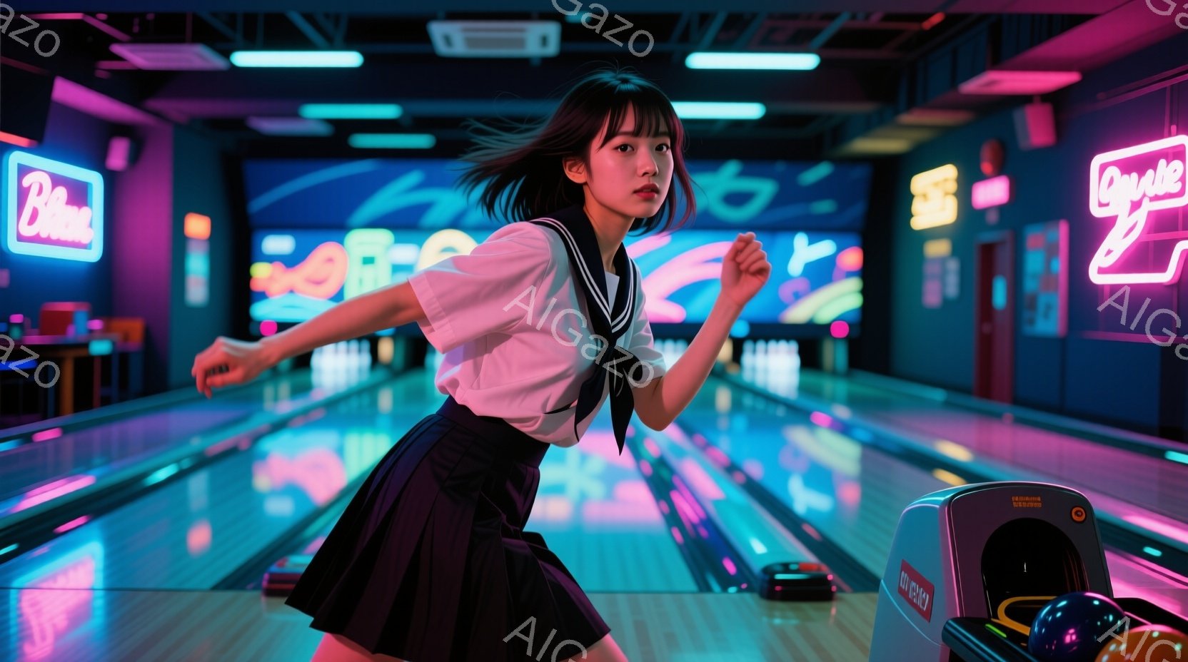 ボウリング場にいる若い女性が写っています。彼女はセーラー服を着ており、髪は肩まで伸びて少しカールしています。彼女はボウリングのボールを投げる動作をしており、集中した表情で前を見つめています。 - AI生成フリー素材