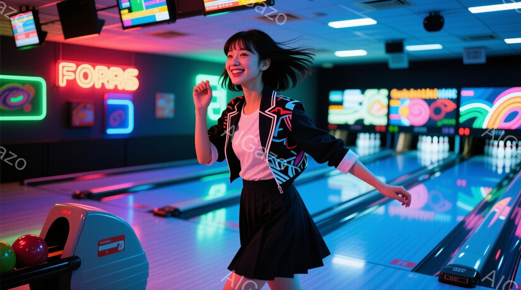 ボウリング場を背景に、若い女性が喜びいっぱいの表情でポーズをとっています。彼女は白いTシャツに黒いプリーツスカート、そして幾何学模様が特徴的なジャケットを着用し、髪は肩までの長さで少しカールしています - AI生成フリー素材