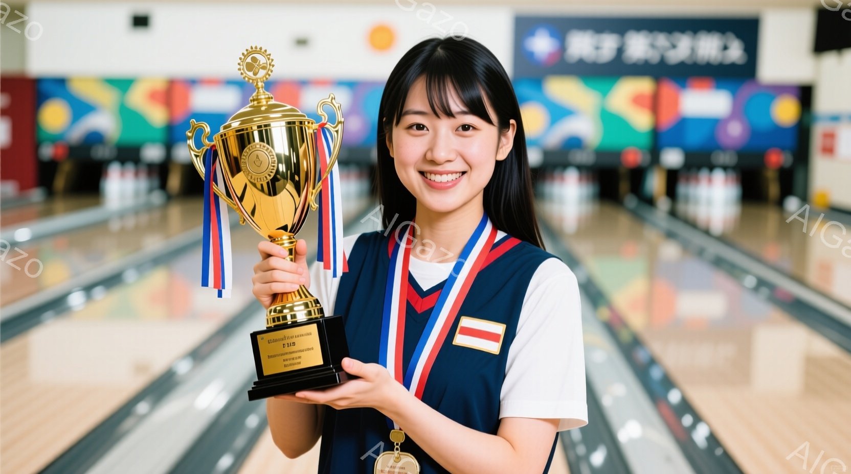 若い女性がボウリング場のレーンでトロフィーを高く掲げています。彼女は白いシャツにネイビーのベスト、そしてメダルを身につけ、明るい笑顔を見せています。背景にはボウリングのレーンとカラフルな装飾が写っており、勝利を祝う華やかな雰囲気が漂っています。