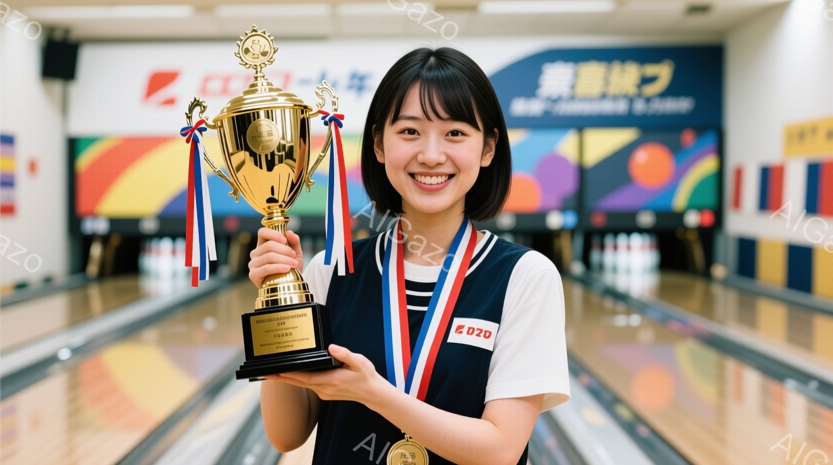 ボウリング場で優勝トロフィーとメダルを手に微笑む若い女性が写っています。彼女は白いTシャツにネイビーのベスト、そしてショートボブのヘアスタイルで、満面の笑みを浮かべています。背景にはカラフルなボウリン - AI生成フリー素材