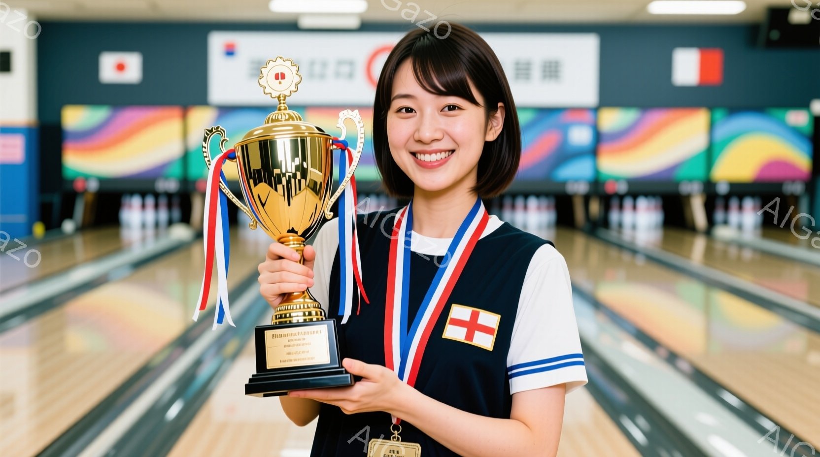 ボウリング場を背景に、トロフィーを抱えた若い女性が写っています。彼女はダークブラウンのショートヘアで、紺色のベストと白いTシャツを着ており、笑顔でカメラを見つめています。背景はカラフルなレーンと、ボウリングピンが並んでいる様子が確認できます。