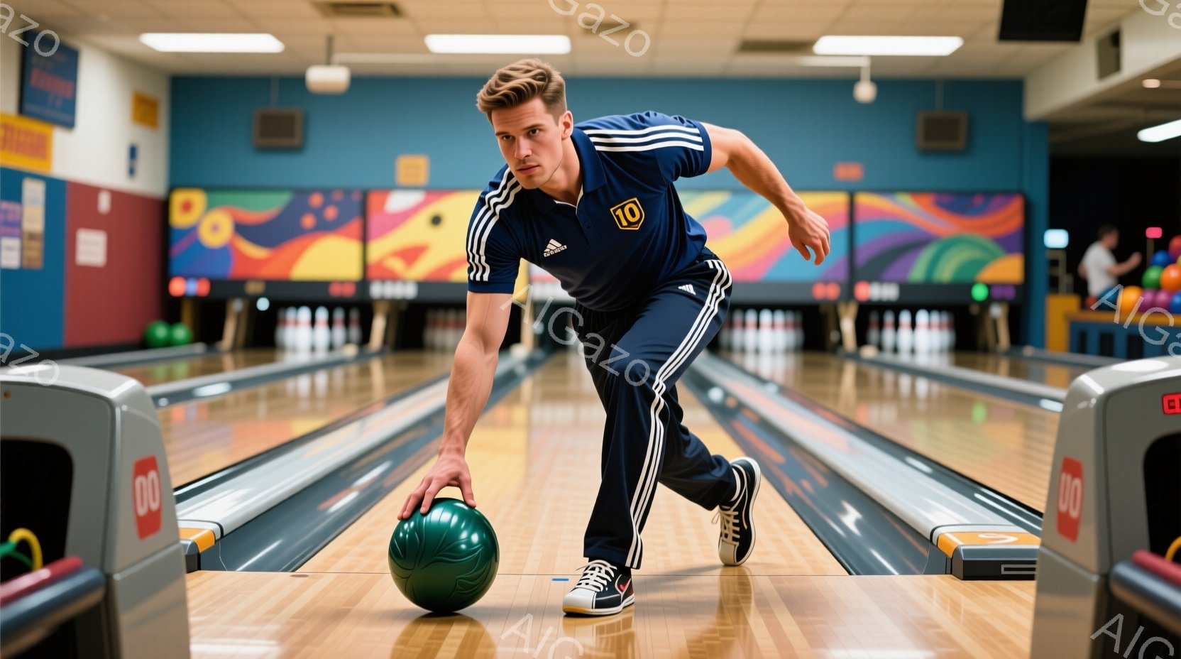 男は濃い青色のボーリングシャツとズボンを着用し、髪は短く整えられています。彼はボーリングのレーンでボールを投げようとしており、右足を大きく踏み出し、左腕を前に伸ばしたダイナミックな姿勢をとっています。 - AI生成フリー素材