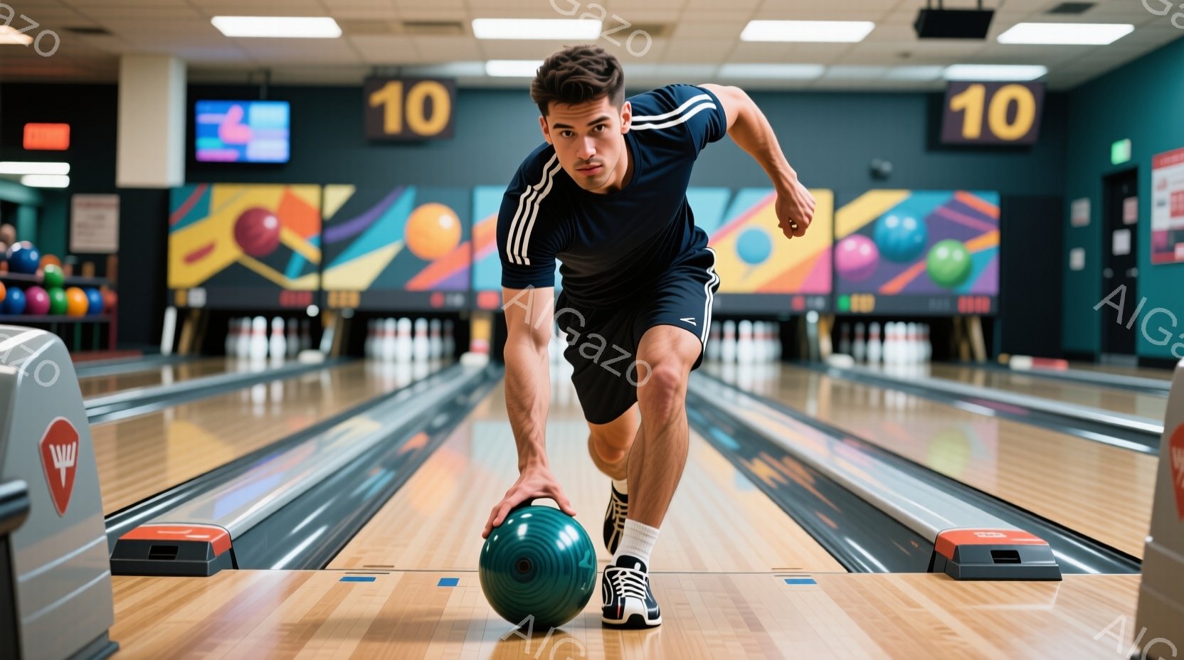 ボウリング場にいる男性が、緑色のボールを投げる準備をしており、集中した表情をしています。彼は黒いTシャツと短パン、白い靴下とスニーカーを着用しており、髪は短く整えられています。背景にはカラフルなボール - AI生成フリー素材