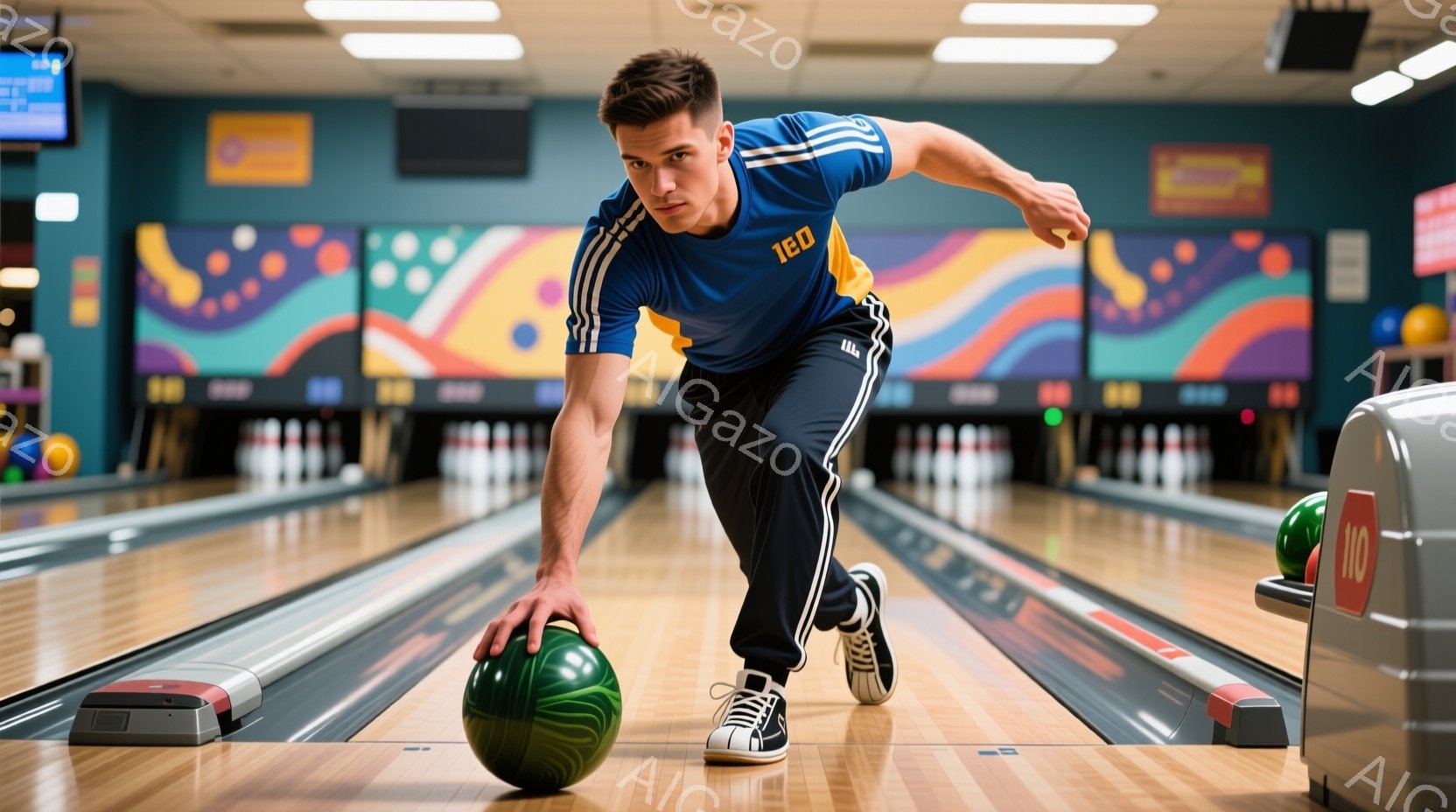 ボウリング場にて、男性がボウリングのボールを投げる直前の姿勢をとっています。青いシャツにネイビーのズボンを着用し、髪は短く整えられています。背景にはカラフルな模様の壁とボウリングのピン、そして木製のレ - AI生成フリー素材