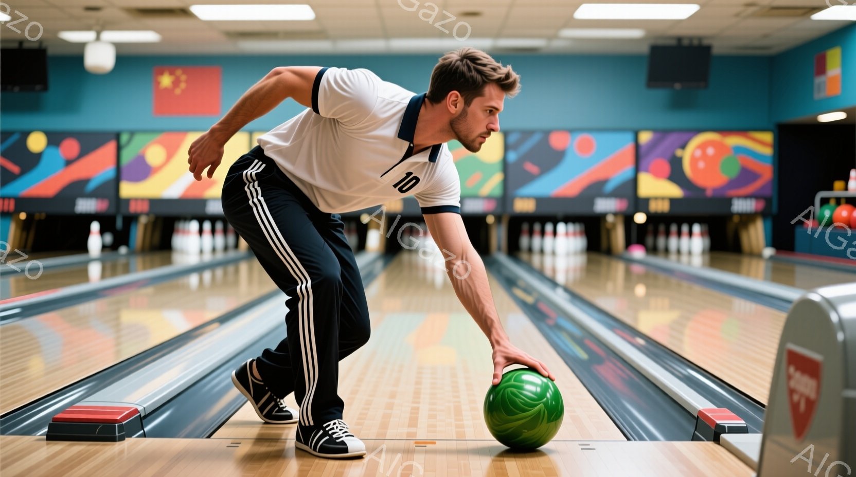 ボウリング場にいる男性が、緑色のボールを投げる直前のポーズをとっています。彼は白いポロシャツと黒いサイドストライプの入ったパンツを着用し、短髪で、集中した表情をしています。背景には、カラフルな旗や、レ - AI生成フリー素材
