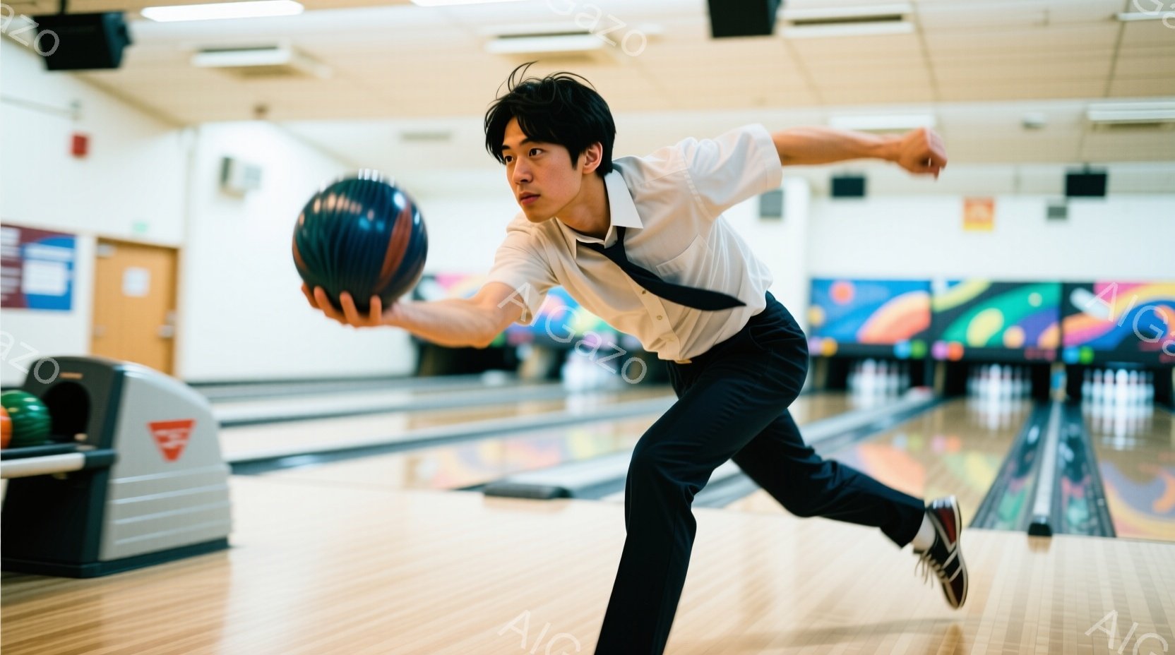 男は黒いズボンと白いシャツ、黒いネクタイを着用し、ボウリングのボールを振りかぶる動作をしています。彼の髪は短く、少し前に傾いた姿勢で、集中した表情をしています。背景にはボウリング場が見え、レーンとピン - AI生成フリー素材