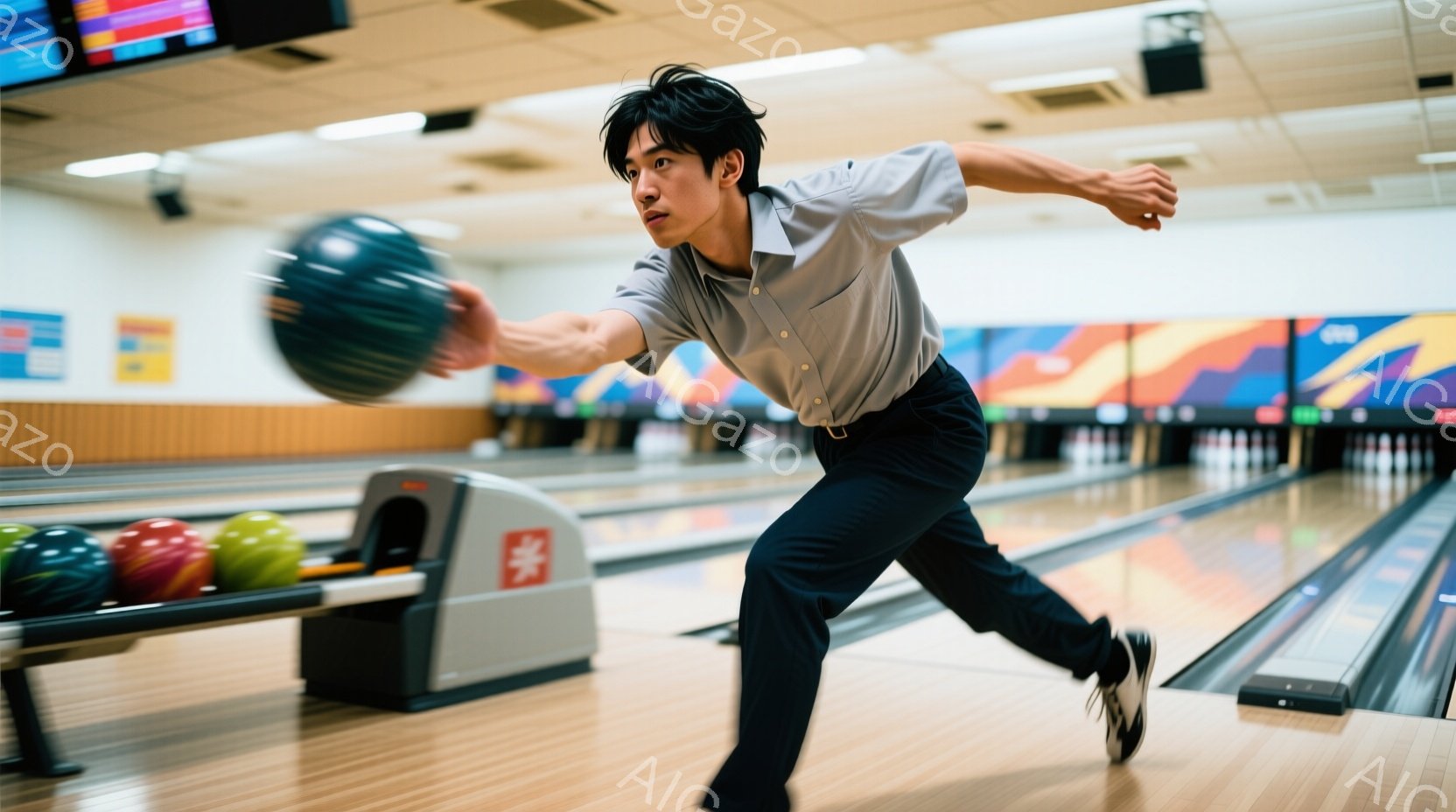 ボウリング場において、若い男性がボウリングのボールを投げている瞬間を捉えた写真です。彼は明るい灰色のシャツと濃い青色のズボンを着用し、髪は短く整えられています。彼の姿勢はダイナミックで、ボールを投げる - AI生成フリー素材