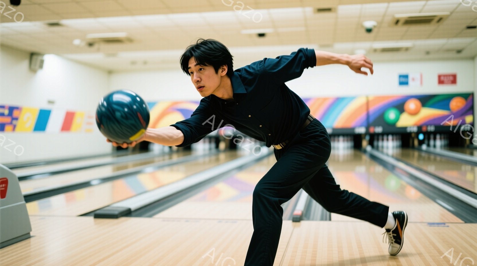 黒いシャツと黒いズボンを着用した男性がボウリングのボールを投げる瞬間を捉えた写真です。彼は少し前かがみになり、右手を大きく伸ばしてボールをリリースしようとしており、集中した表情をしています。背景にはボ - AI生成フリー素材