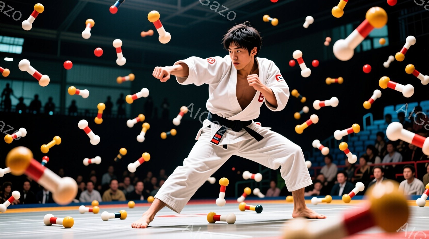 黒帯を締めた柔道着を着た男性が、力強く構え、右手を突き出した動作をとっています。背景には観客席が見え、床には黄色と赤の細長い棒状の物体が散乱しており、競技会場のような雰囲気です。男性の表情は真剣で、集中して技を繰り出す瞬間の躍動感が伝わってきます。