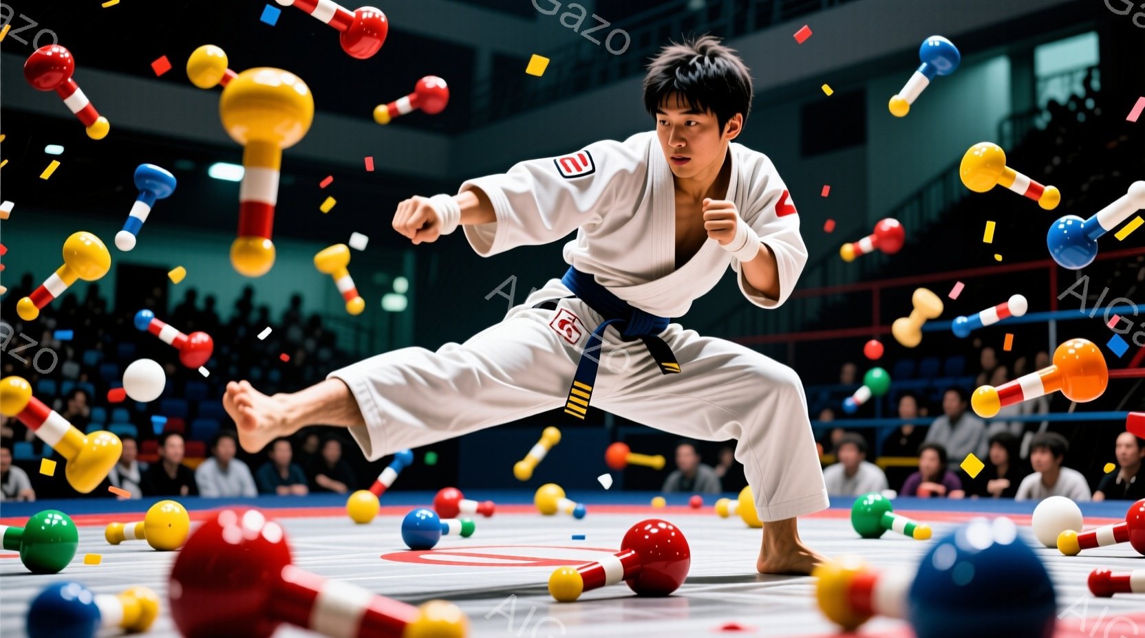 空手着を着た若い男性が、競技場で構えの姿勢をとっている。彼は黒帯で、集中した表情で前を見据えている。背景には観客席と、空中に散らばるカラフルなボールが写っており、競技の活気と躍動感を表現している。 - AI生成フリー素材