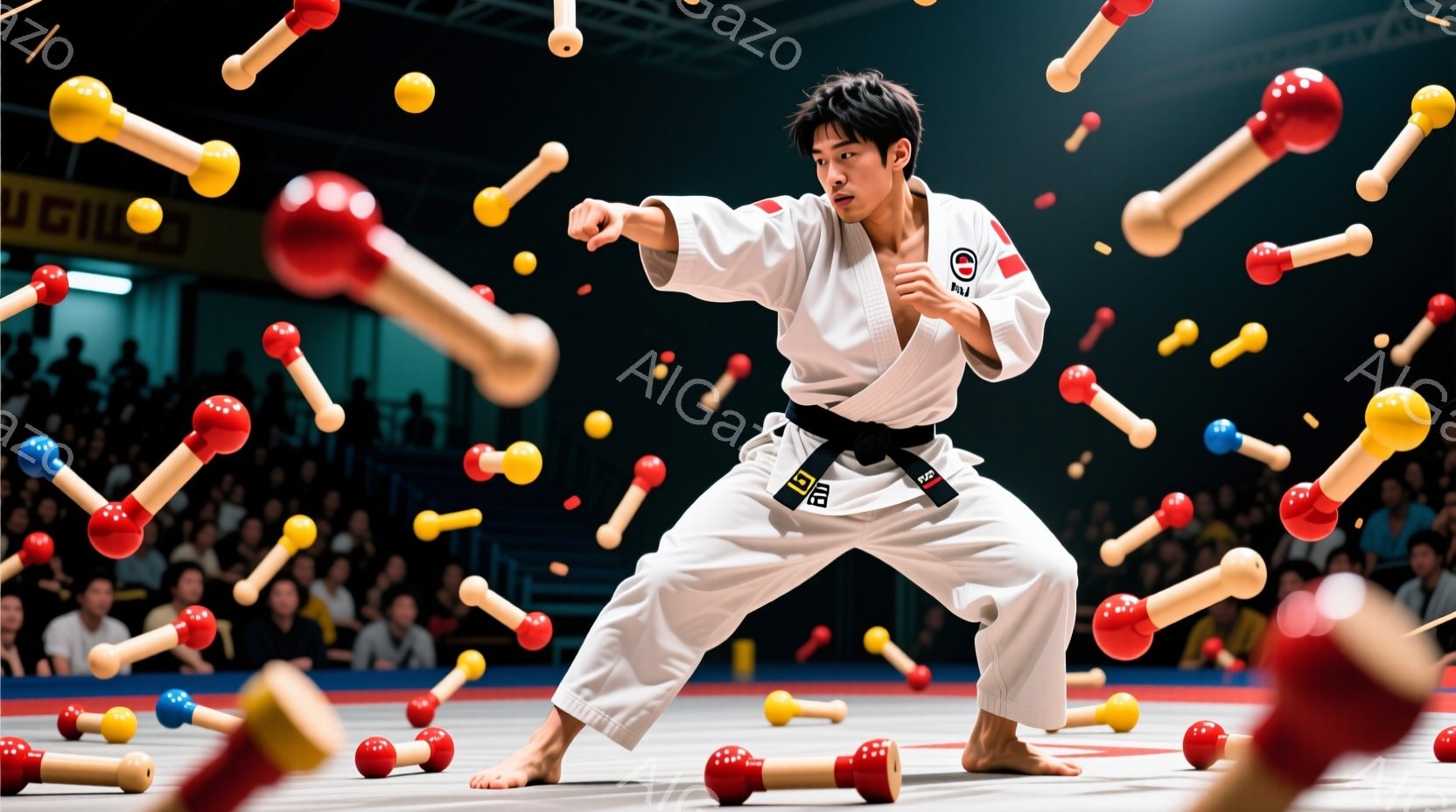 空手着を着た若い男性が、競技場で技を繰り出しています。彼は黒帯で、真剣な表情で片手を上げて、力強い構えをとっています。背景には観客席が見え、赤い空手棒が宙を舞い、ダイナミックな競技の雰囲気を高めています。