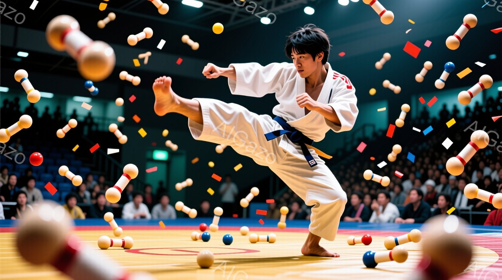 空手着を着た若い男性が、真剣な表情で空中で足を高く蹴り上げています。彼は黒帯で、足は素足で、強い集中力と技の正確さが伝わってきます。背景には観客席が見え、畳の上には板が散らばっており、試合や訓練の最中である様子がわかります。