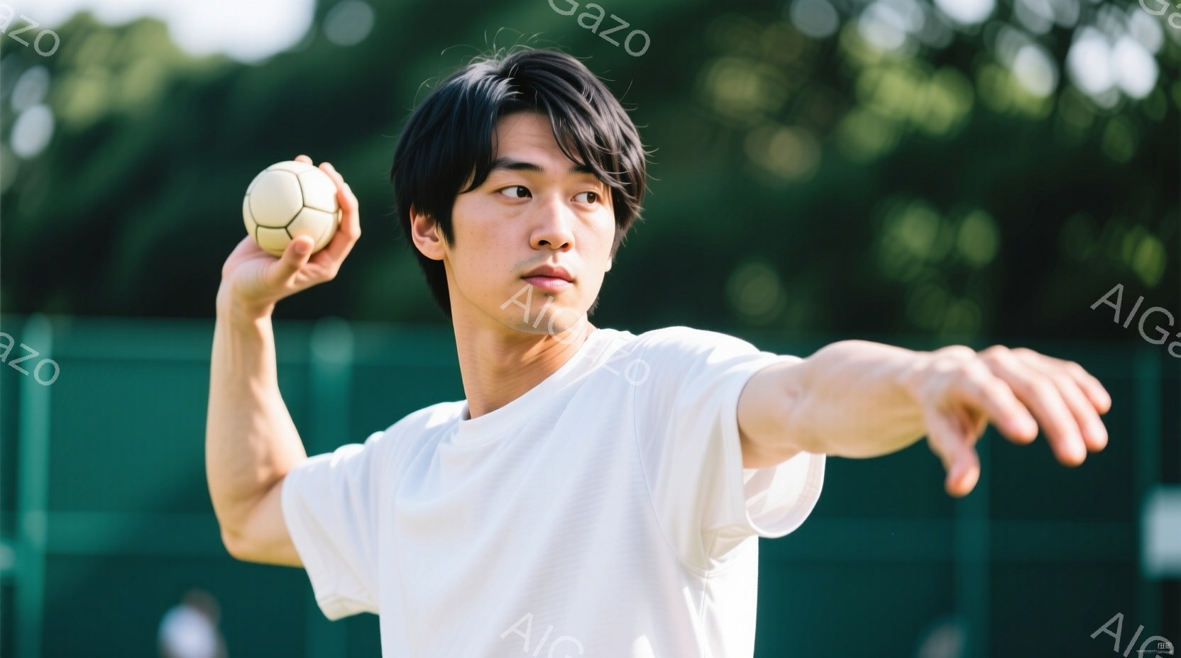 白いTシャツを着た若い男性が、テニスボールを投げようとする姿勢をとっています。黒髪でやや無表情な顔つきで、集中した様子が伺えます。背景には緑色のフェンスと木々が見え、屋外の晴れた日のようです。 - AI生成フリー素材