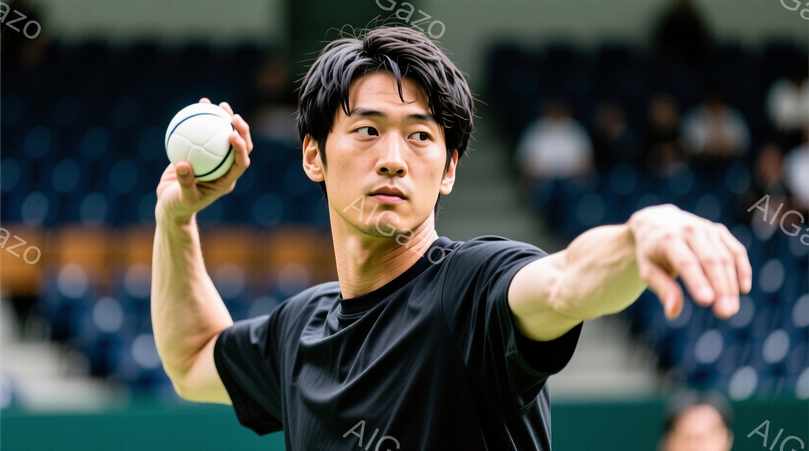 黒いTシャツを着た若い男性が、テニスボールを投げようとしている瞬間を捉えた写真です。彼は髪を短く切り、真剣な表情でボールに集中しています。背景には、観客席がぼやけて見え、屋内テニスコートであることがわ - AI生成フリー素材