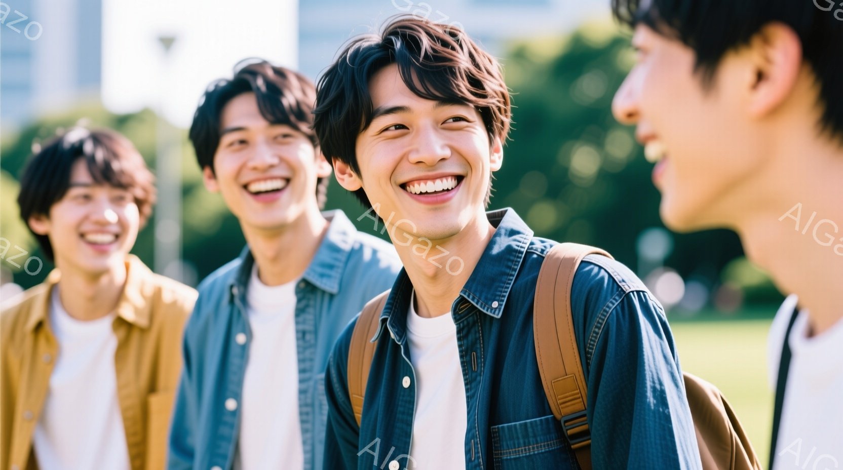 4人の若い男性が写っており、皆笑顔で楽しそうにしている。左から順に、黄色のジャケットを着た男性、水色のシャツを着た男性、デニムシャツを着てリュックを背負った男性、そして横顔の男性がいる。背景には緑の芝 - AI生成フリー素材