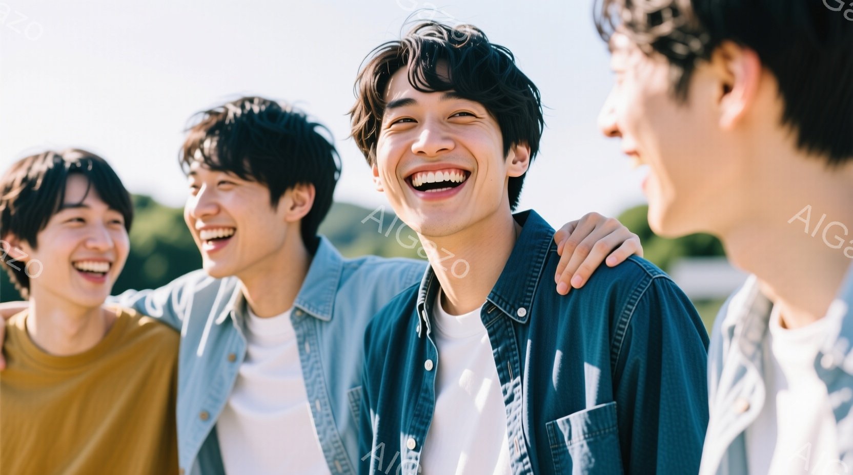画面には、肩を並べて笑う若い男性3人が写っています。中央の男性は白いTシャツにデニムシャツを羽織り、明るい笑顔を見せています。背景には緑豊かな木々が見え、晴れた日の暖かく親しげな雰囲気が伝わってきます - AI生成フリー素材