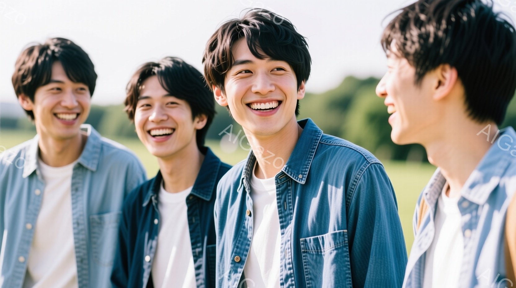 4人の若い男性が青いシャツと白いTシャツを着て、笑顔で互いに向き合っている。彼らは皆、短髪で、リラックスした雰囲気で肩を並べて立っている。背景には緑豊かな草原とぼやけた木々が見え、晴れた日の穏やかな光が差し込んでいる。