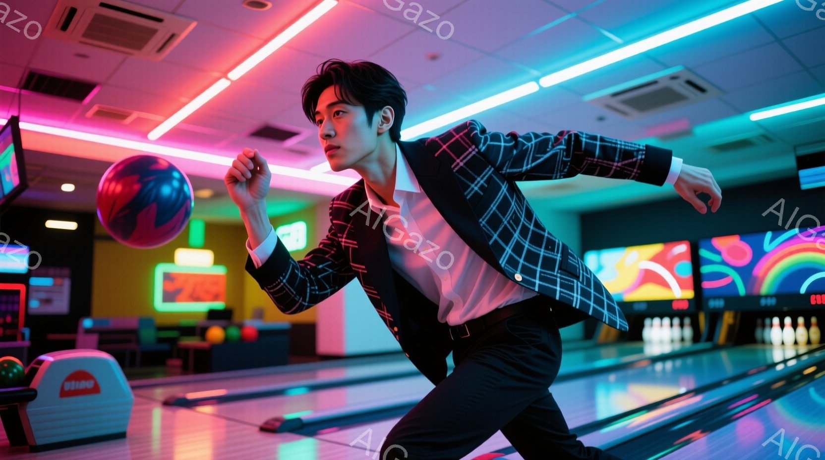 若い男性がボーリング場でボーリングのボールを投げる構えを取っています。彼はチェック柄のジャケットに白いシャツ、黒いズボンというカジュアルな服装で、髪はダークトーンで軽くセットされています。背景には、色鮮やかなネオンライトが光るボーリング場内の様子がぼやけ、活気ある雰囲気が漂っています。