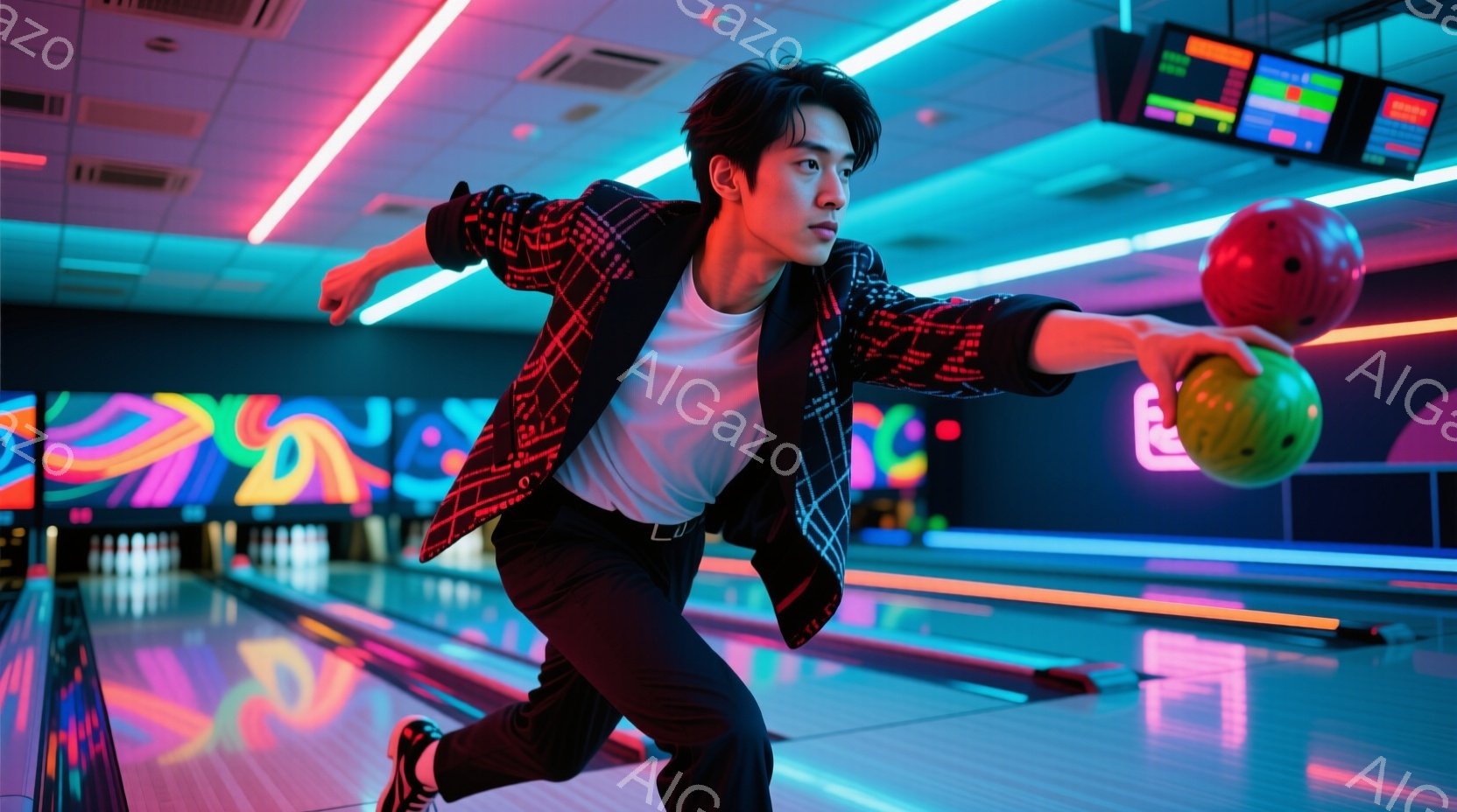 若い男性がボウリングのボールを投げている瞬間を捉えた写真です。彼は白いTシャツに、チェック柄のジャケット、黒いズボン、スニーカーを着用し、髪はダークトーンで前髪が少しかかっています。背景はカラフルなネ - AI生成フリー素材