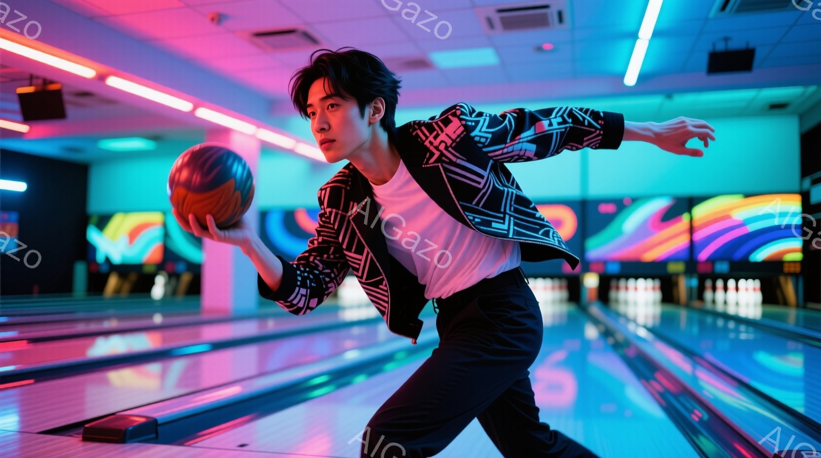 若い男性がボウリングの準備をしている様子が写っている。彼は白いTシャツに幾何学模様のジャケット、黒いズボンを着用し、髪は無造作にセットされている。背景にはカラフルなネオンライトが輝くボウリング場が広がり、躍動感と活気のある雰囲気が漂っている。