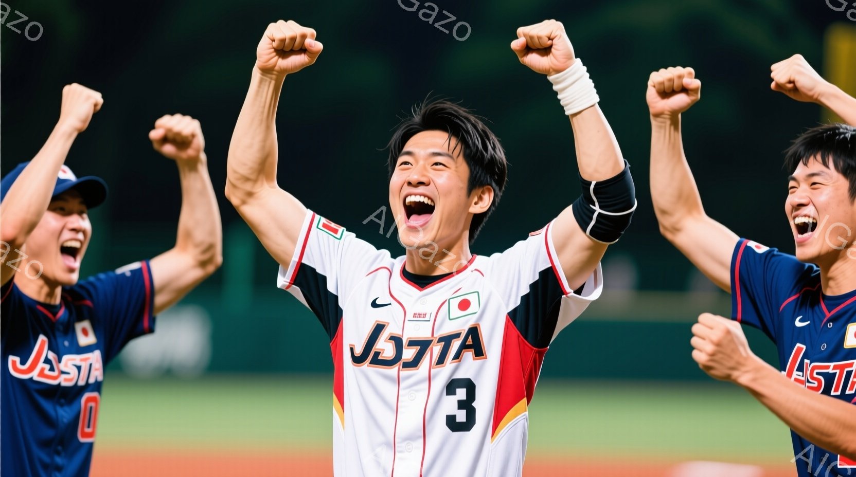 野球のユニフォームを着た選手たちが喜びの表情で腕を上げています。中央の選手は「JAP」と「3」の番号が入った白いユニフォームで、満面の笑みを浮かべています。背景は緑色のフィールドとぼやけた観客席で、試合の勝利を祝う高揚感に満ちた雰囲気です。