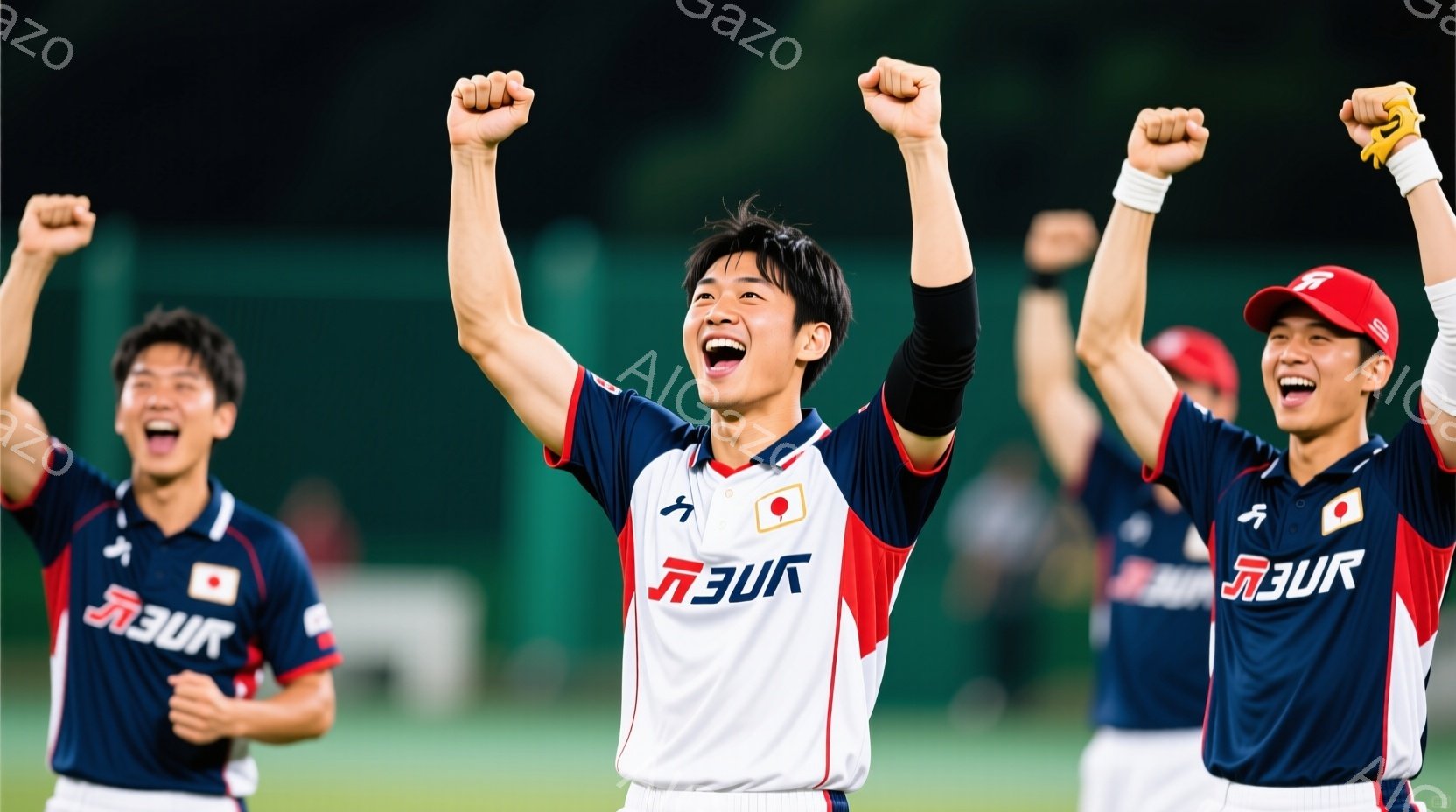 日本の野球選手たちが勝利を祝って腕を高く上げている姿が写っています。彼らは白いベースに青い袖と襟を持つユニフォームを着ており、胸にはスポンサーロゴと日の丸が描かれています。背景は緑の芝生で、歓喜に沸く選手の表情から、大きな勝利を収めた瞬間であることが伝わってきます。
