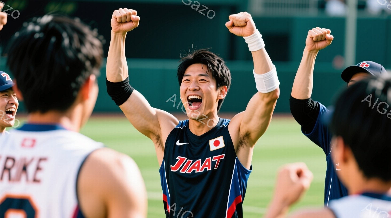 野球のユニフォームを着た若い男性が、両腕を高く上げて歓喜している様子が写っている。ユニフォームは赤、白、青を基調とし、胸には「JIAAT」のロゴが入っている。背景にはぼやけた他の選手や野球場の一部が見え、勝利や達成感を表現した躍動感のある瞬間を捉えている。