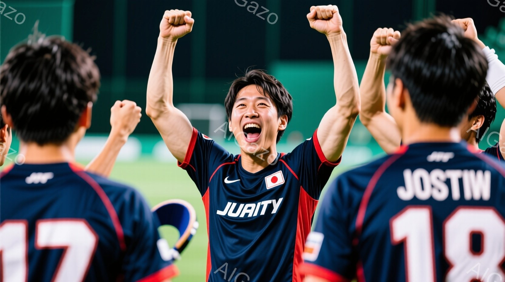 紺色のサッカーユニフォームを着た若い男性が、両腕を高々と上げ、歓喜の表情を浮かべている。彼の背後には、同じユニフォームを着たチームメイトが二人おり、彼らもまた腕を上げて祝福している。背景は緑色の芝生で、競技場の雰囲気を感じさせる、躍動感のある瞬間を捉えた写真である。