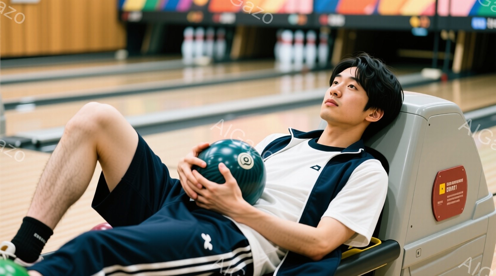 若い男性がボーリング場のレーン脇の座席に座り、片手にボーリングの球を抱えています。彼は黒い短パンと白いTシャツを着ており、黒いソックスと緑色のスニーカーを履いています。彼の髪は黒く、少し長めで、リラックスした表情で少し上を見上げています。