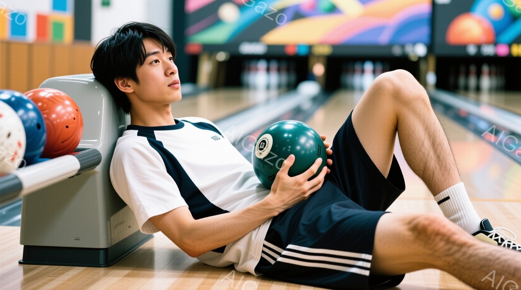 若い男性がボウリング場に座り、緑色のボウリング球を抱えています。彼は白と黒のストライプが入った半袖シャツと黒いショーツを着用し、髪は短く整えられています。背景には、カラフルなデザインの壁とボウリングのレーンが広がり、リラックスした雰囲気です。
