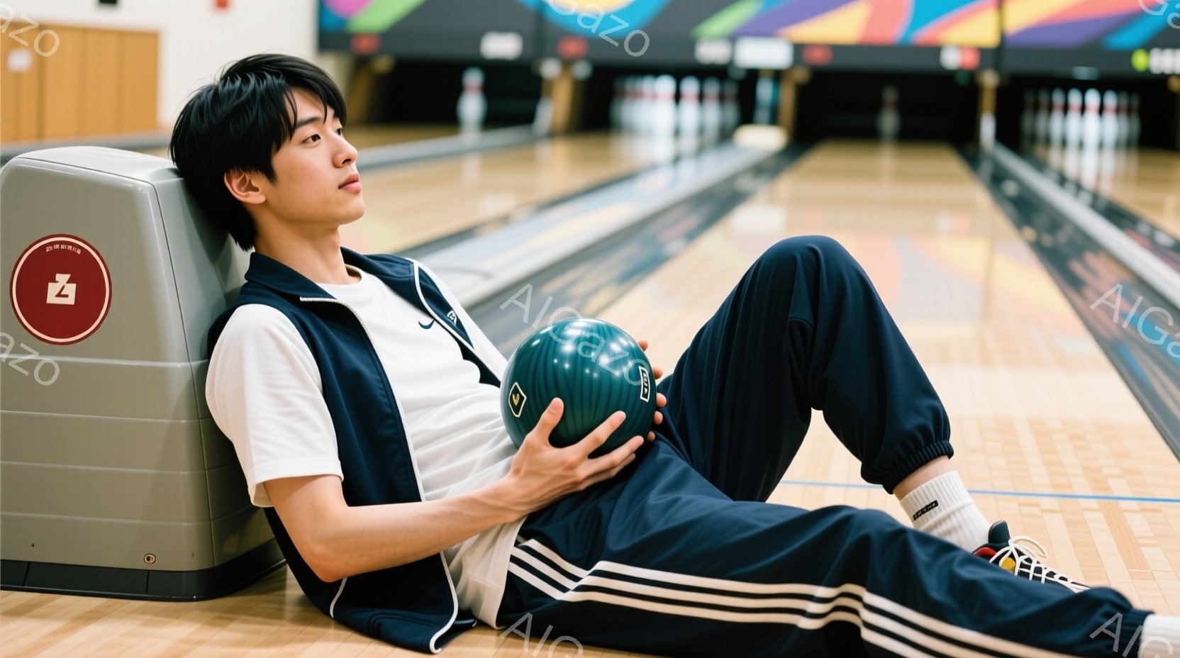 若い男性がボウリング場のレーンに座り、ボウリングボールを抱えています。彼は白いTシャツに濃い青色のスウェットパンツ姿で、短く整えられた黒髪です。背景には、カラフルなレーンと遠くに見えるピンがぼやけて写 - AI生成フリー素材