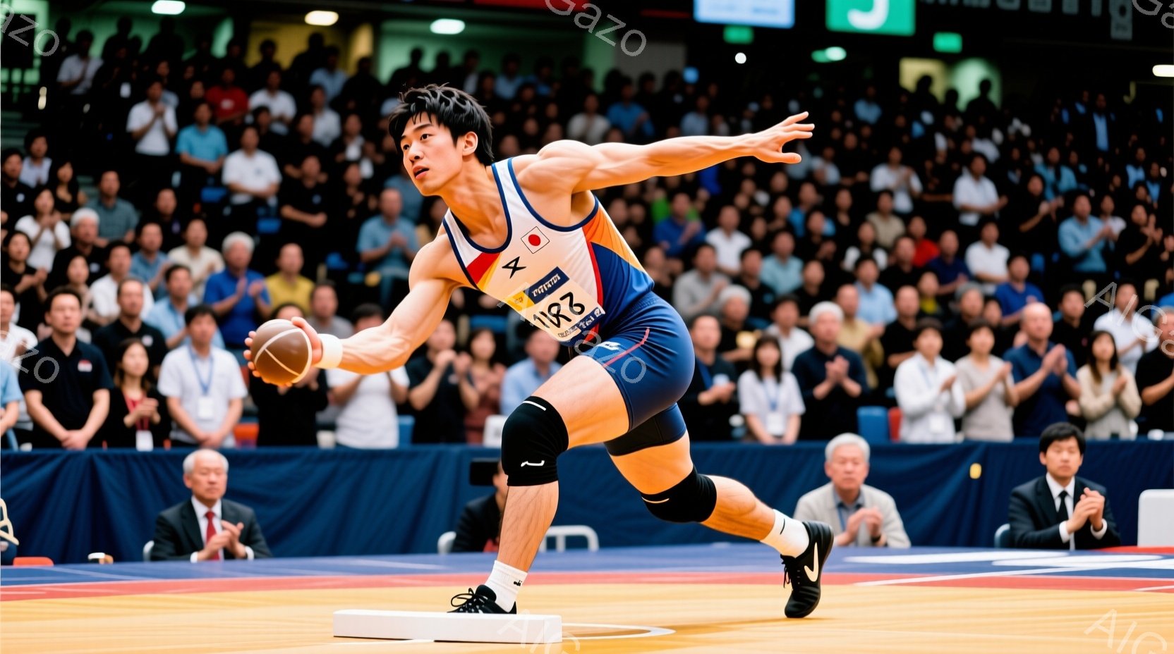 レスリングの試合中の男性アスリートが写っている。彼は青、白、赤のレスリングユニフォームを身に着け、膝にパッドを装着し、力強く前に体を傾けている。背景には観客席が広がり、多くの人々が試合を見守っている様 - AI生成フリー素材