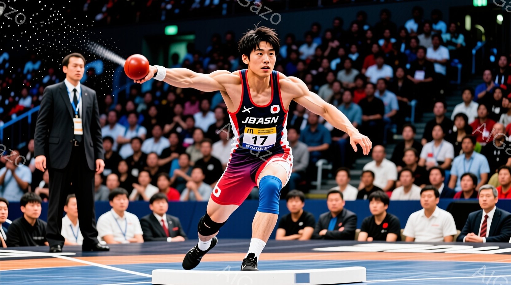 レスリングの試合中の男性選手が写っている。赤いレスリングウェアと青いショートパンツを着用し、力強く構えながら相手に挑んでいる。背景には観客席が広がり、多くの観客が試合を見守っている様子が伺える。 - AI生成フリー素材