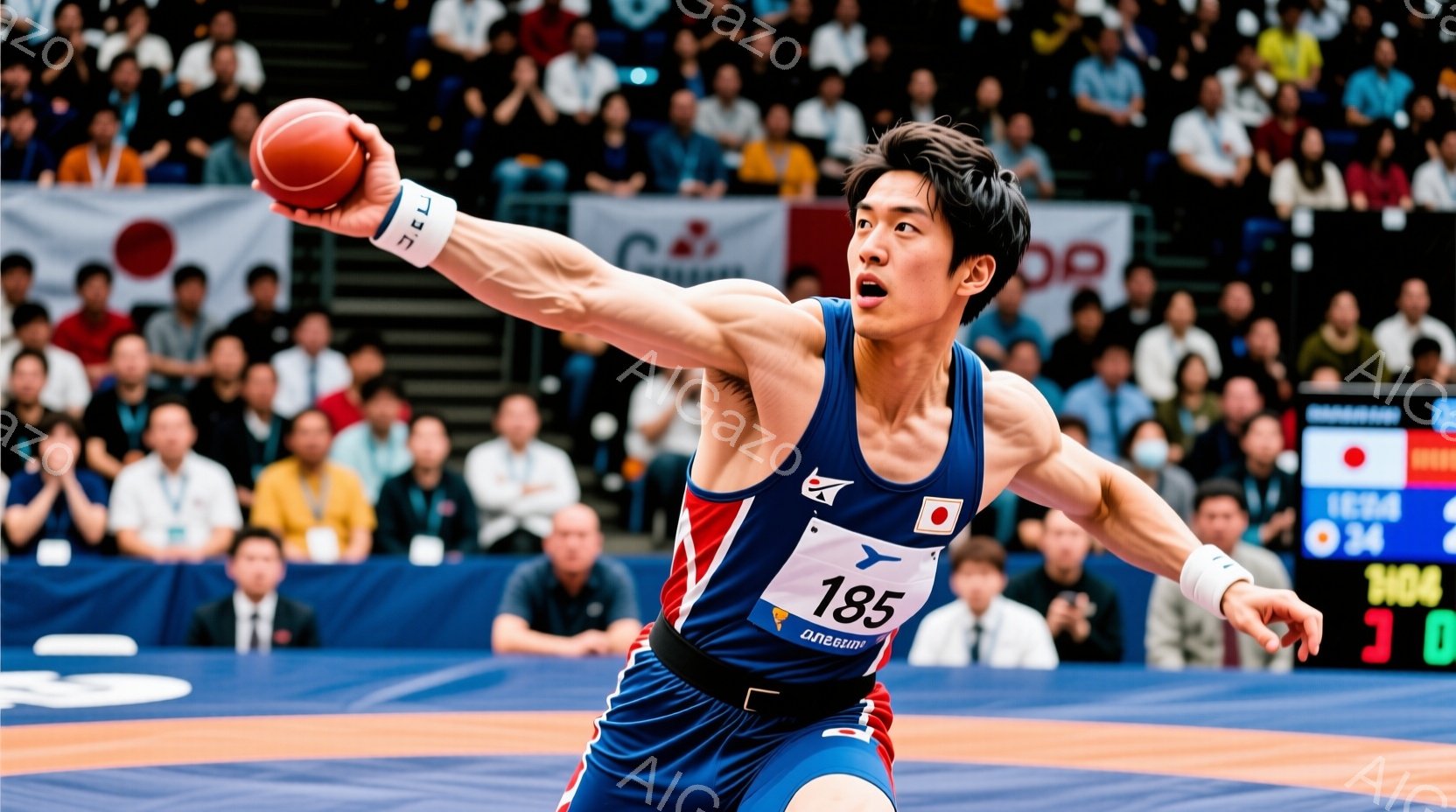 青と赤のユニフォームを着た男性アスリートが、円盤投げの動作をしている様子を捉えています。彼は筋肉質な体格で、集中した表情で円盤を投げようとしており、競技への真剣な姿勢が伝わってきます。背景には観客席と - AI生成フリー素材