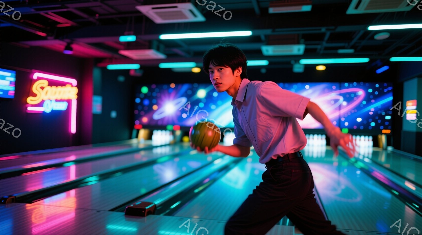 若い男性がボウリングのレーンでボールを投げる準備をしている写真です。彼は白のシャツに黒いズボンを着用し、髪は短く整えられています。背景には、カラフルなネオンライトが輝き、活気のあるボウリング場の雰囲気を醸し出しています。