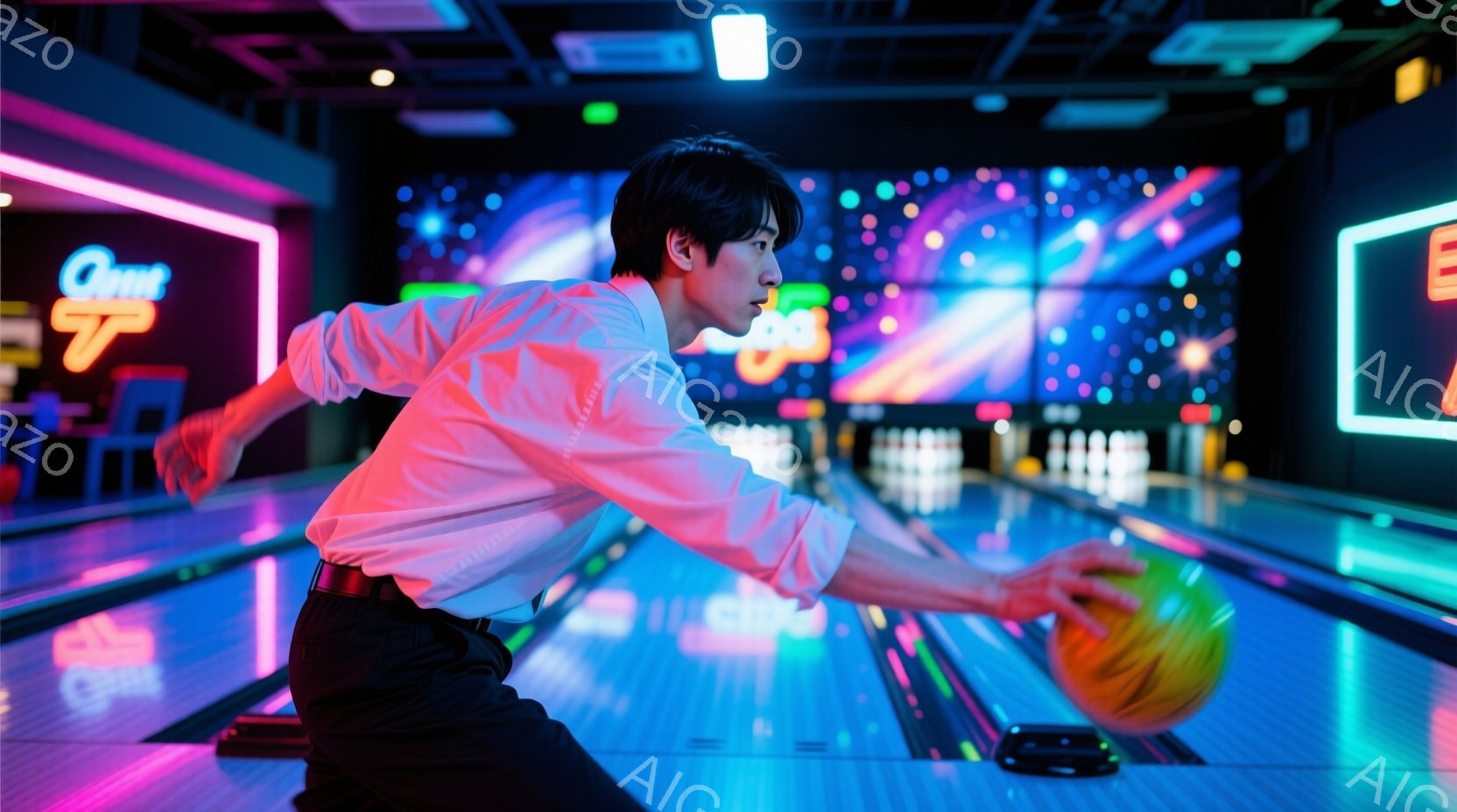 ボウリング場で、白シャツと黒パンツを着た男性がボウリングのボールを投げようとしている瞬間を捉えた写真です。彼は少し前かがみになり、ボールを構えるポーズをとっており、真剣な表情で次の動作に集中している様子が伺えます。背景はカラフルな照明で彩られ、ネオンライトが輝くボウリング場特有の活気ある雰囲気を醸し出しています。