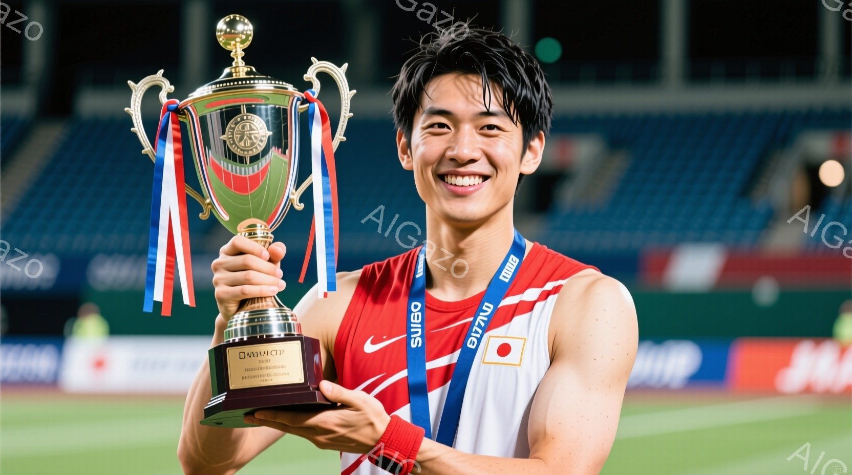 競技場で若い男性アスリートがトロフィーを高く掲げています。彼は赤いユニフォームに青い帯、黒いリストバンドを着用し、短髪で笑顔を見せています。背景は観客席とぼやけた照明で、勝利と達成感を強調する雰囲気です。