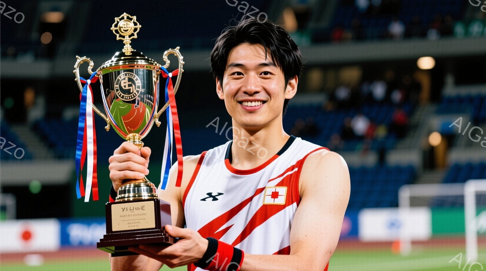 選手は赤いシャツと黒い袖と肩のバンドを着用し、笑顔でトロフィーを高く掲げています。髪型は短く、整えられており、背景には緑色の芝生と観客席が見え、スタジアムの夜間の照明が照らされています。 全体的に、勝利を祝う、明るく、活気に満ちた雰囲気です。