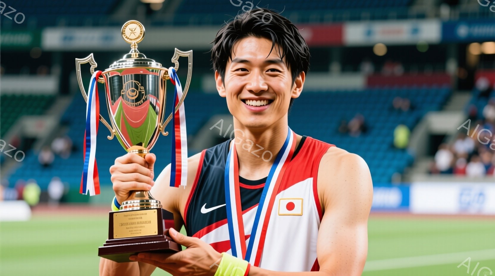 競技場でトロフィーを掲げる男性アスリートを捉えています。彼は、赤、白、青のストライプが入った競技用ユニフォームに、黄色のリストバンドを着用し、短く整えられた黒髪に笑顔を浮かべています。背景には観客席と緑のフィールドが見え、勝利の喜びと達成感を表現した一枚です。