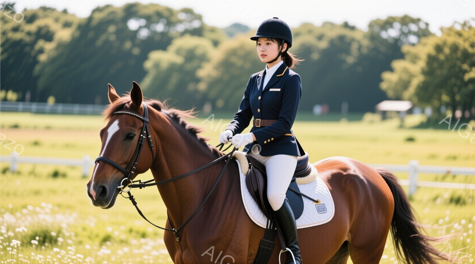 茶色の馬に乗った女性が写っています。彼女は紺色のジャケット、白いシャツ、白い乗馬ズボン、黒いブーツを着用し、紺色のヘルメットを被っています。背景には緑の牧草地が広がり、白い花が咲き乱れ、遠くには白い建 - AI生成フリー素材