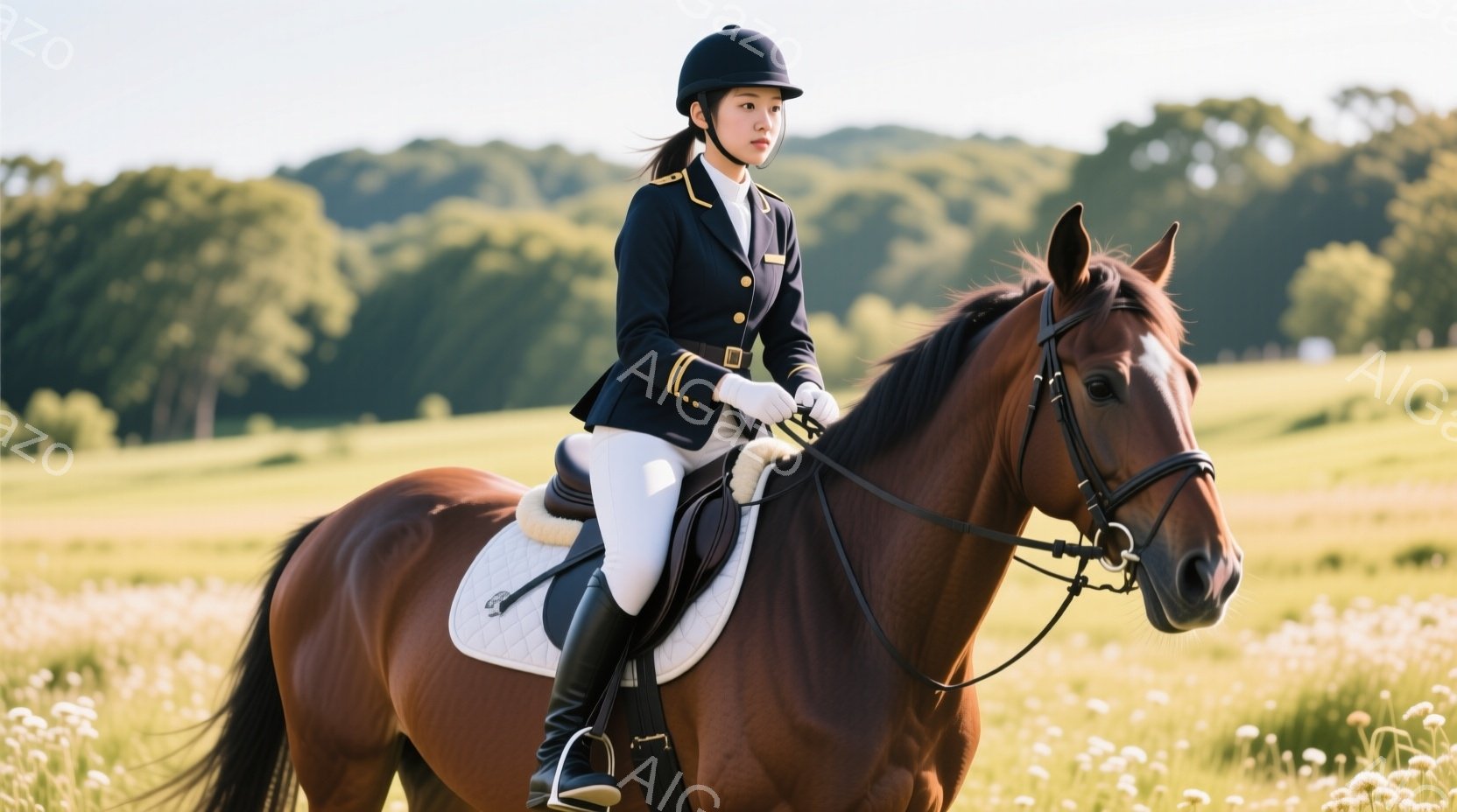 栗色の馬に乗った女性が写っている。彼女は黒いジャケット、白いズボン、黒いブーツという乗馬装束を身に着け、ヘルメットを着用している。背景には緑豊かな草原と白い花が広がり、晴れた日の穏やかな雰囲気が漂って - AI生成フリー素材