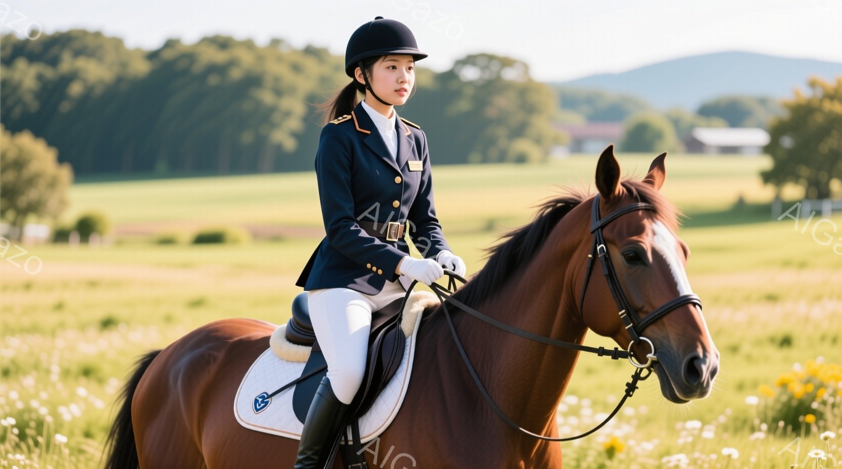 若い女性が茶色の馬に乗って草原を歩いている様子が写っている。彼女は濃い青色のジャケット、白いズボン、黒いヘルメットを着用し、髪は後ろで三つ編みにしている。背景には緑の丘と、遠くに見える建物があり、天候 - AI生成フリー素材