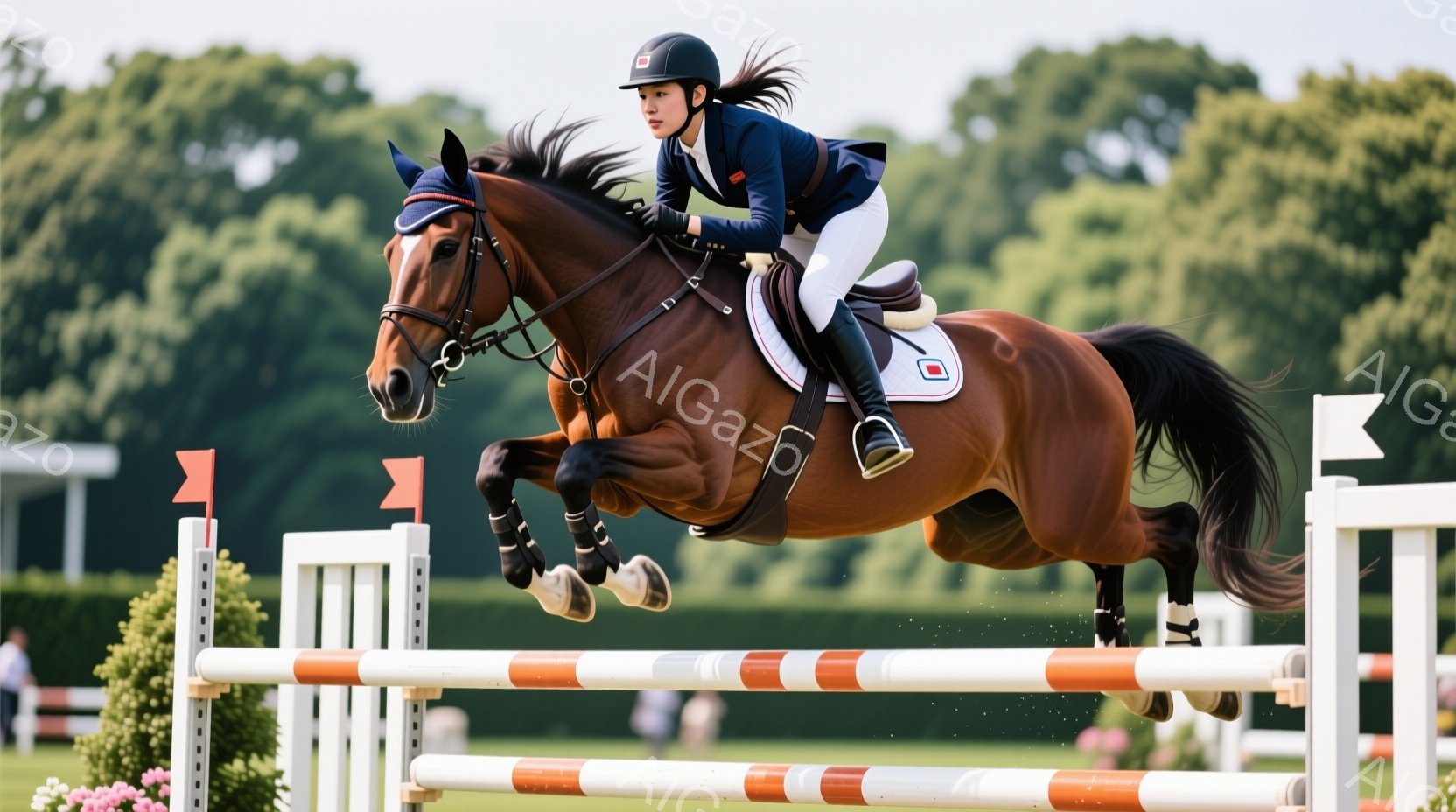 茶色の馬に乗った女性競技者が障害を飛び越えています。彼女は濃い青色のジャケットと白いズボンを着用し、黒いヘルメットを被り、髪はポニーテールに結ばれています。背景には緑豊かな木々や観客が見え、晴れた日の屋外競技の活気ある雰囲気が伝わってきます。
