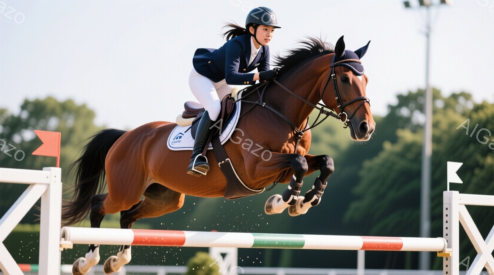 茶色の馬に乗った女性競技者が障害飛越の瞬間を捉えた写真です。彼女は濃い青色のジャケット、白いズボン、黒いヘルメットを着用し、髪は後ろで一つに結ばれています。背景には緑豊かな自然と、遠くに見える建物があり、晴れた空の下、競技場での活気ある雰囲気が伝わってきます。
