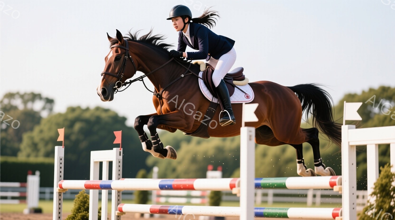 茶色の馬が障害飛越を行い、競技者がそれに乗っている。競技者は黒いヘルメットと濃い青のジャケット、白いズボンを着用し、黒い髪を後ろで束ねている。背景には、緑豊かな木々や青空が広がり、晴れた日の競技の雰囲気が伝わってくる。