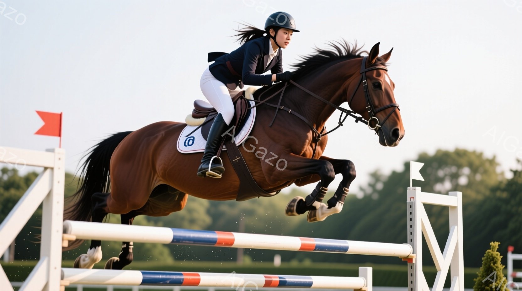 茶色の馬が障害を飛び越えようとしており、騎手は濃い青色のジャケット、白いズボン、黒いブーツを着用しています。騎手は黒い髪をポニーテールにしており、集中した表情で姿勢を保っています。背景には白い障害物、緑豊かな木々、そして晴れた空が広がっており、競技の活気と自然の美しさが感じられます。