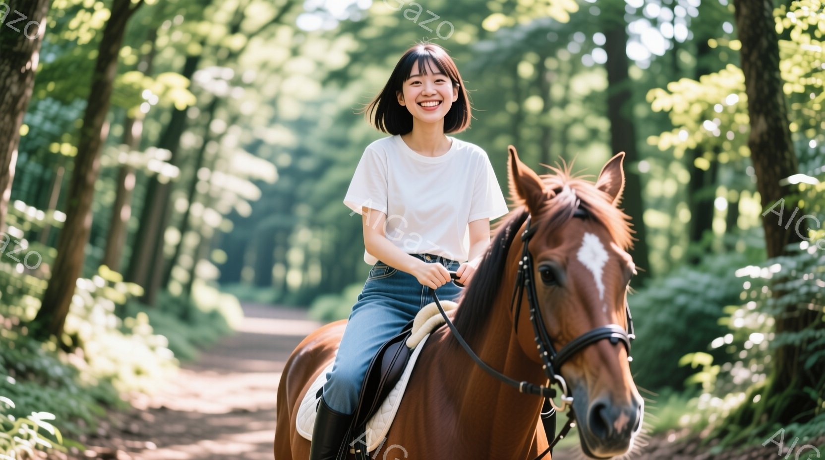 若い女性が茶色の馬に乗って森の中を歩いている。彼女は白いTシャツとジーンズを着ており、長い髪を後ろでまとめて、笑顔を見せている。背景には緑豊かな木々が生い茂り、明るい日差しが差し込み、穏やかで楽しい雰 - AI生成フリー素材