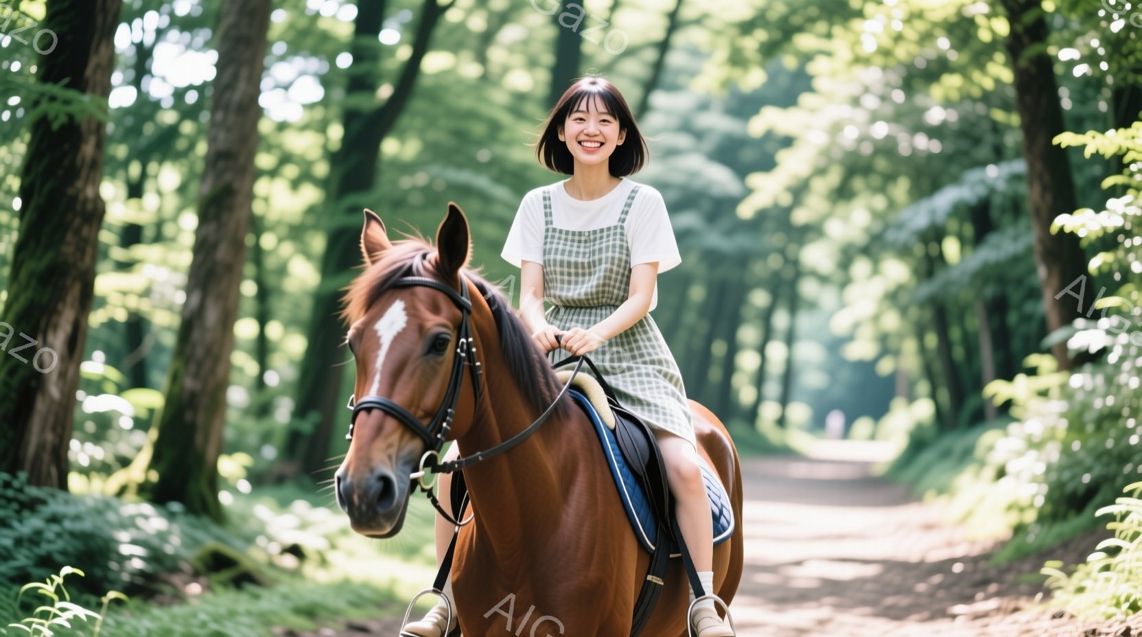 若い女性が茶色の馬に乗って森の中の道を歩いています。彼女は白いTシャツとサスペンダー付きの緑色のワンピースを着ており、笑顔でリラックスした表情をしています。背景は緑豊かな木々に囲まれた自然な道で、晴れ - AI生成フリー素材