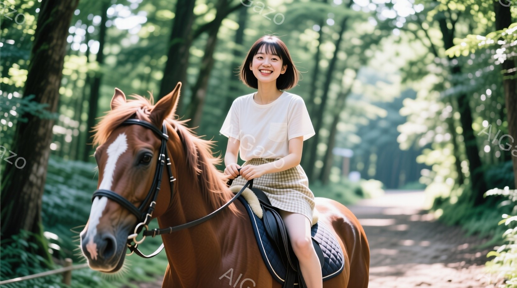 若い女性が茶色の馬に乗って森の中を歩いている。彼女は白いTシャツとチェック柄のスカートを着ており、笑顔で前を見ている。背景には緑豊かな木々が広がり、日差しが差し込み、穏やかで自然に囲まれた雰囲気が漂っ - AI生成フリー素材